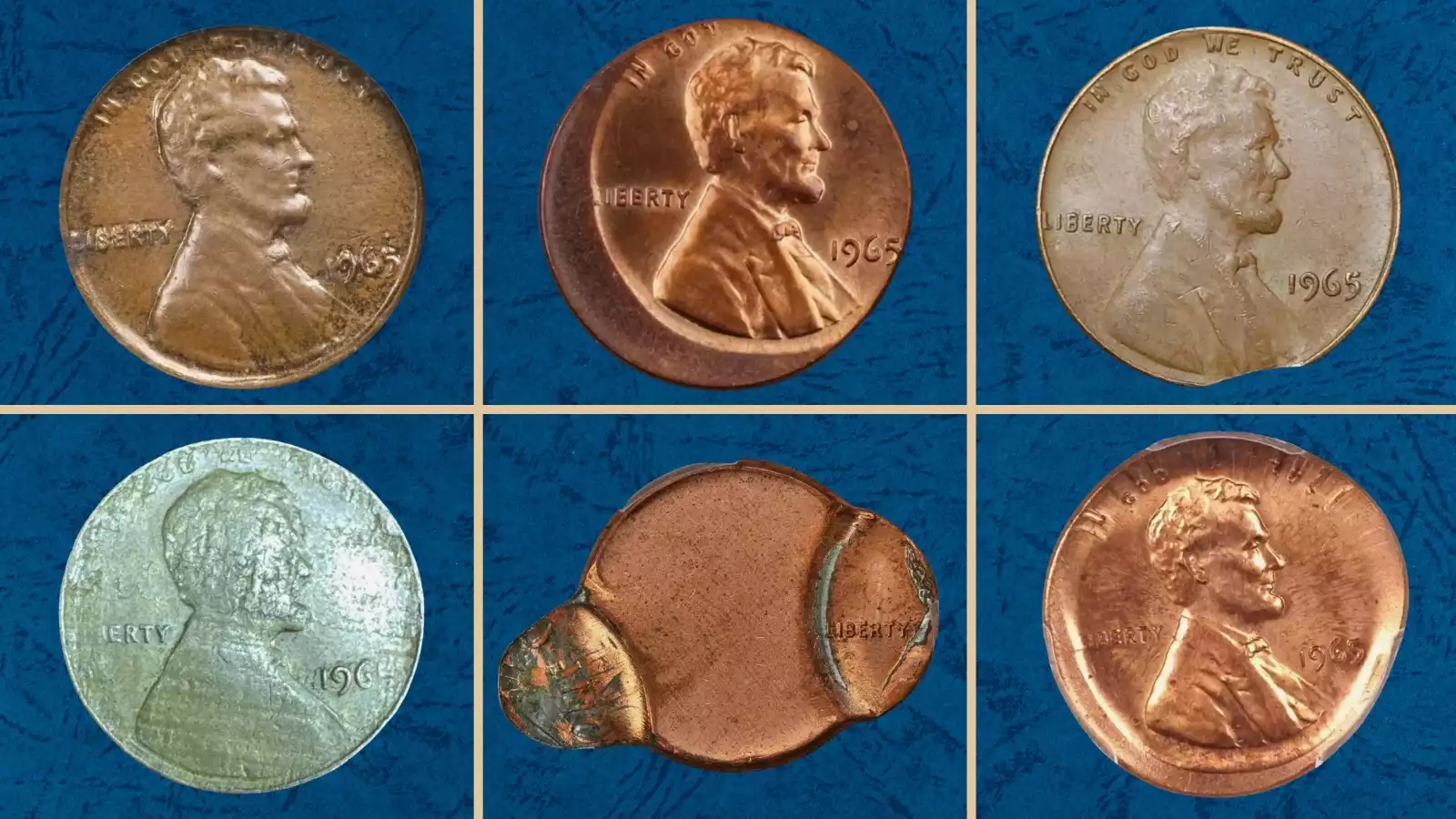 1965 penny grading strip showing four condition tiers from worn Good to gem Mint State Red arranged side by side