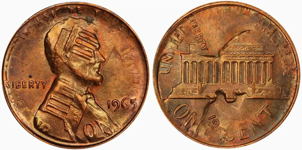 1965 penny double strike error showing two overlapping Lincoln impressions on the obverse