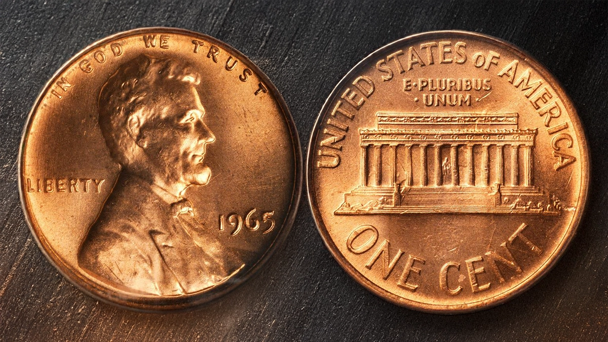 Philadelphia Mint historical photo or 1965 Lincoln cents shown in various grades from circulated to gem uncirculated